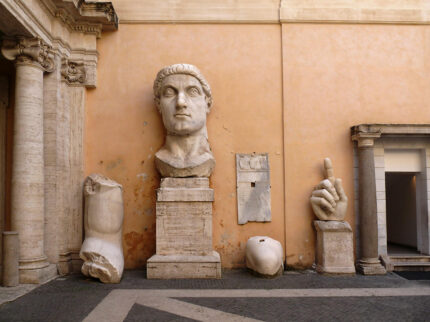 Fragments of the Colossus of Constantine (ca. 313 A.D.) in the courtyard of Palazzo dei Conservatori. Photo courtesy Musei Capitolini.